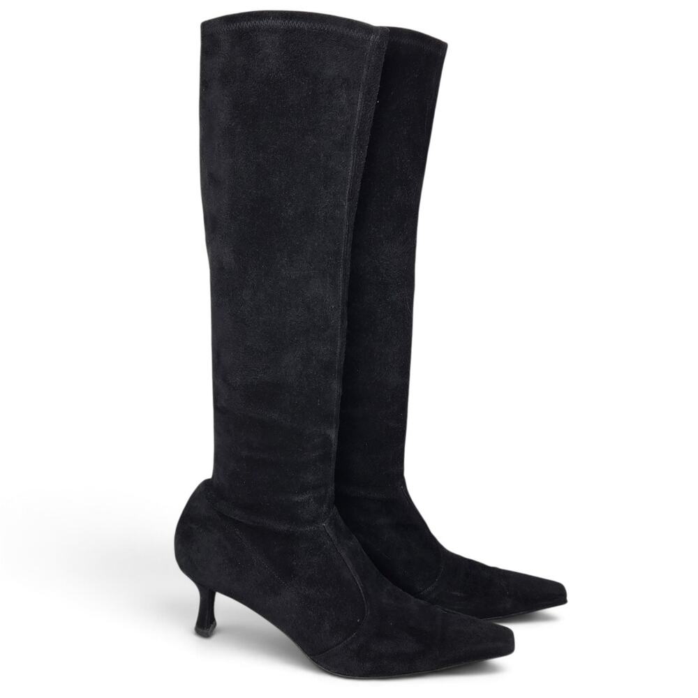 Stuart Weitzman VTG Black Tall Boots Stretch Suede Knee High Heeled Size 8.5B